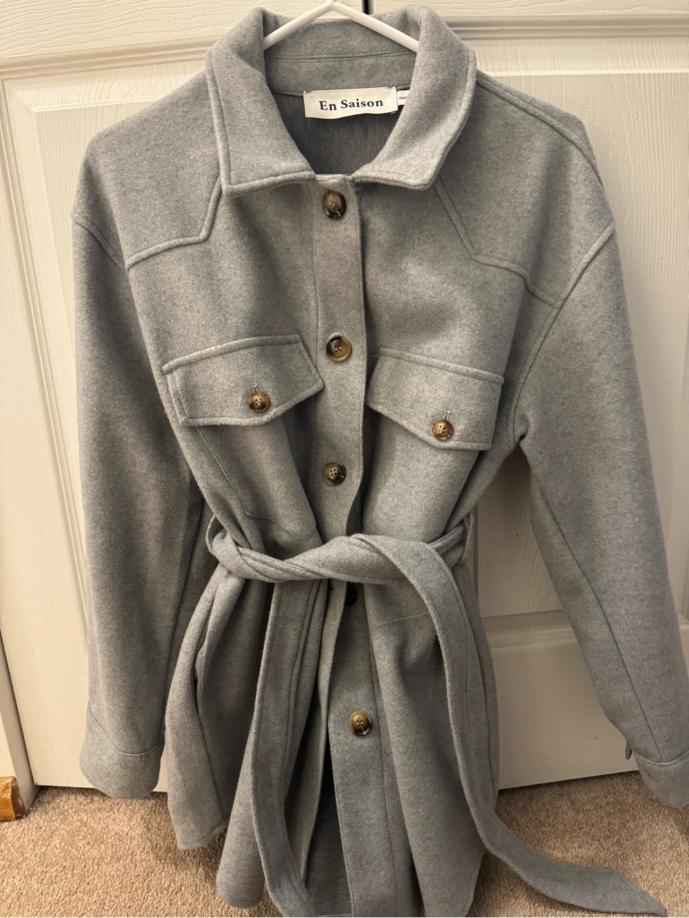 En Saison Light Gray Belted Wool-Blend Trench Coat